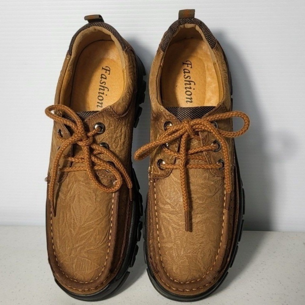 Fashion Mens Brown Textured Leather Moc Toe Oxford Hiking Shoes Lug Sole Brown